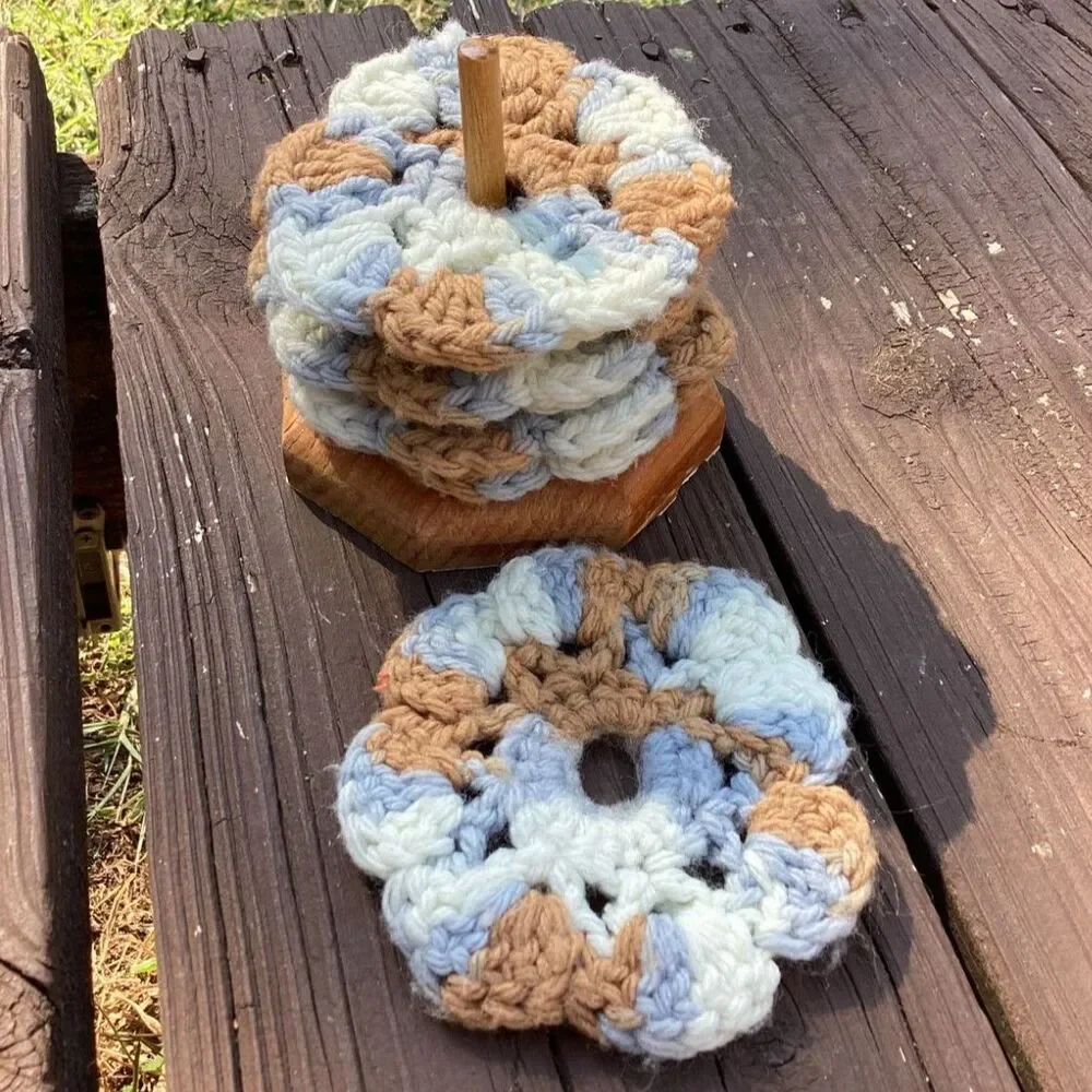 Handmade Crochet Coasters Set Floral Design Wood Holder Blue Brown Cream VTG